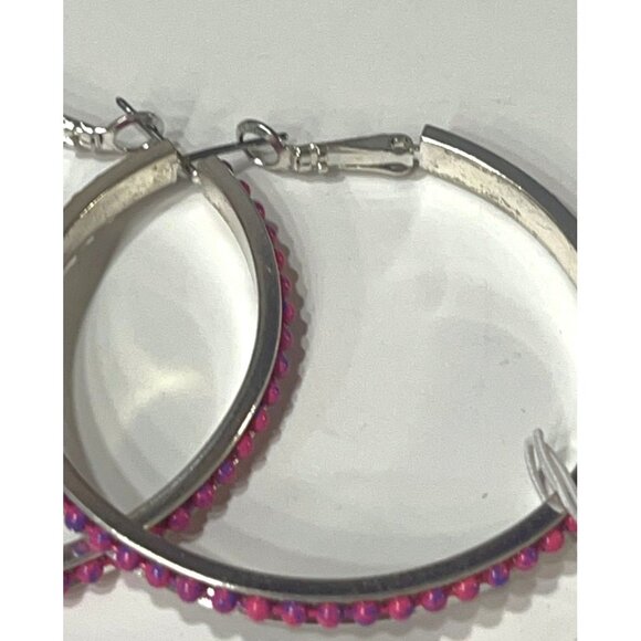 Steve Madden Silver-tone  Hoop Earrings With Pink Beaded Detailing - Picture 8 of 9